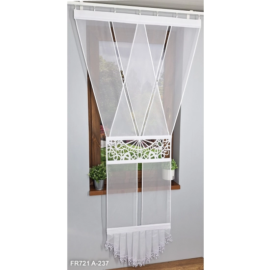 Schiebegardine FR721 – Einzelpaneel weiß mit Ajour und Gipiura-Volant